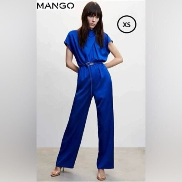 Mango Pants - Mango, Women's Satin Jumpsuit with Belt - Blue. Size: XS. NWT.